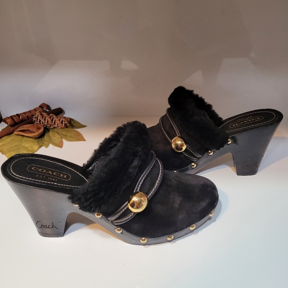 Coach Ivanka Suede Fur-Trimmed Clog Mule Heels In Black - Picture 7 of 7